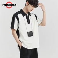 KYUSHUAD เสื้อโปโลแขนสั้นมีซิปสีตัดกันลำลองสำหรับเสื้อยืดลาเพล