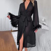 【LZ】❃✼  Luxo Preto Penas Robes Para As Mulheres Casual Manga Longa Sleepwear Sashes Roupão Feminino Elegante 2023 Primavera Mulher Camisola