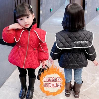 Girls lapel add flocking cotton-padded clothes new winter 2022 children in the western style of waist jacket female baby with thick coat