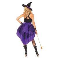 New Plus Size XXL-S Halloween Witch Costume For Women Adult Sexy Purple Swallow Tail Braces Dress Hat Carnival Party Female Suit