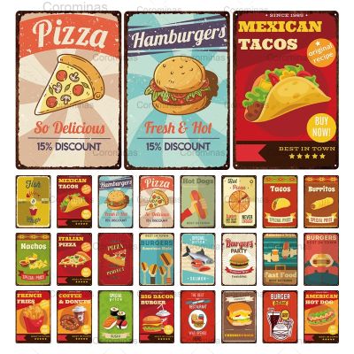 【CW】 Pizza Hamburger Hot Dog Metal Sign Shabby Fast Food Tin Poster Wall Nachos Restaurant