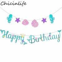 Chicinlife 1Set Mermaid Sea Horse Shell Happy Birthday Banner Garland Baby Shower Under The Sea Birthday Party Bunting Supplies Banners Streamers Conf