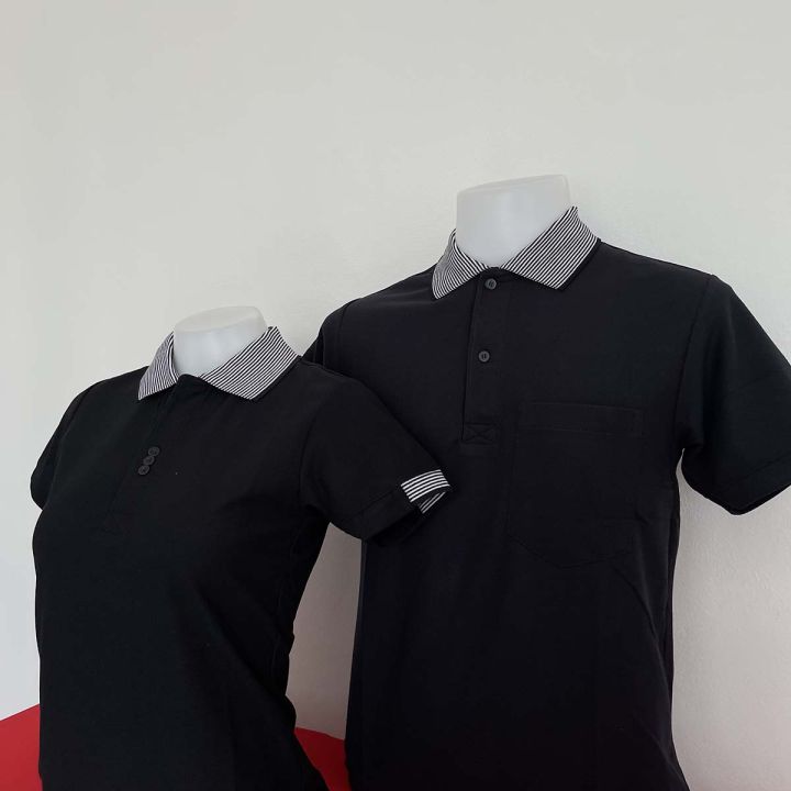 ผลิตโดยคนไทย-ขายโดยคนไทย-เสื้อโปโลชาย-สีดำ-ปกแถบลายขาว-เสื้อคอปกชาย-แขนสั้น-ทรงตรง-มีกระเป๋าที่หน้าอก