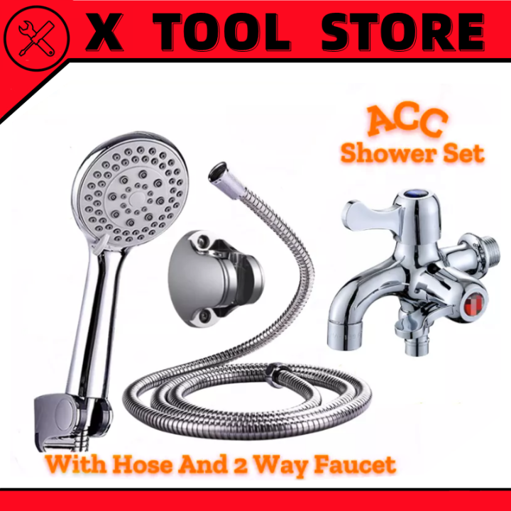 ACC Stainless Shower Set With Hose 2 Way Faucet Booster Shower Head
