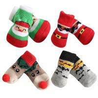 (CAES Premium)ถุงเท้าสัตว์เลี้ยง4ชิ้น Santa Elk Pattern Anti Scratch Stretch Good Pet Dog Cat Socks Christmas Shoes Accessories Supplies