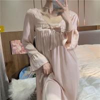 Ao Dai ฤดูใบไม้ผลิและฤดูใบไม้ร่วง Hanfu Sleepwear ผู้หญิงแขนยาวศาลลมลูกไม้ Bowknot ชุดนอนหน้าแรก