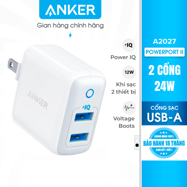 Sạc Anker PowerPort II 2 cổng PowerIQ 24W  – A2027 – Sạc tối ưu với công suất tối đa 12W