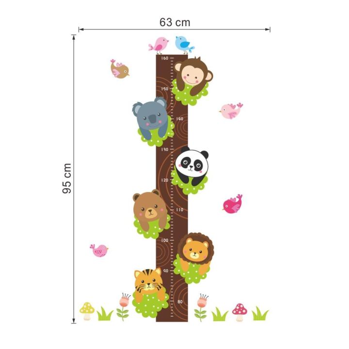 กำแพงวัดความสูงแพนด้าป่าเสือสิงโตลิงตกแต่งสติ๊กเกอร์สำหรับห้องเด็กการ์ตูนสัตว์แผนภูมิการเติบโตโปสเตอร์สติกเกอร์ติดกำแพง