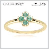 Gemondo แหวนทองคำ 9K ประดับมรกต (Emerald) และเพชร (Diamond) ทรงดอกไม้ล้อมสไตล์คลาสสิก