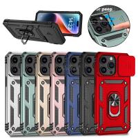 Military Sliding Window For iPhone 15 Pro Max Case Armor Metal Ring Stand Magnetic Drop Protector Case for iPhone 15 14 13 Cover