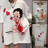 เสื้อยืดคอกลม?Betty Boop?สกรีนหน้าหลัง?ทรงโอเวอร์ไซส์ใส่เป็นมินิเดรสได้?งานป้ายBetty