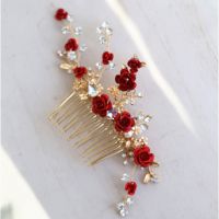 Jonnafe Red Rose Floral Headpiece For Women Prom Rhinestone Bridal Hair Comb Accessories Handmade Wedding Hair Jewelry