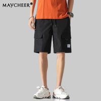 D&amp;BE MAYCHEER กางเกงคาร์โก้ผู้ชาย,กางเกงลำลองเอวยางยืดกระเป๋าใหญ่สีพื้นกางเกงสามส่วน