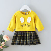 PatPat Toddler Girl 100 Cotton Rabbit Print Ear Design Plaid Stitching Long-sleeve Dress