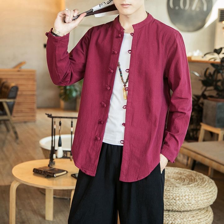 2023ชุดจีน-เสื้อจีนผู้ชายจีนเสื้อฝ้ายลินินกังฟู-hanfu-เสื้อทึบฤดูใบไม้ผลิ