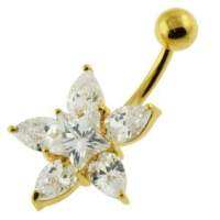 14G 10mm Yellow Gold Plated Sterling Silver Clear Jeweled Fancy Star Belly Barผู้หญิงเงินเจาะหน้าท้องแฟชั่นลิปหู