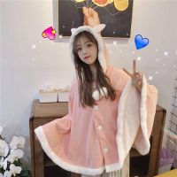 Spot parcel post Autumn and Winter Japanese Cloak Womens Outer Wear Cute Fur Ball Rabbit Ears Hooded Velvet Padded Thickened Coat Soft Girl Top Fashion