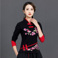 Cheongsam ของผู้หญิงขนาดบวกท็อปส์เสื้อยืด2022ฤดูใบไม้ผลิใหม่ผ้าฝ้ายผสมเย็บปักถักร้อยยืนปกสไตล์จีน Qipao เสื้อผู้หญิง