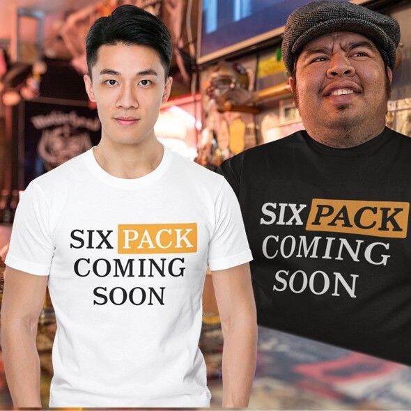 การออกแบบเดิมเสื้อยืดผู้ชาย-เสื้อไซส์ใหญ่-สกรีนแฟชั่น-six-pack-coming-soon-เสื้อคนอ้วน-xl-ถึง-4xl-5xl-รอบอก-60-นิ้ว-cotton-100s-5xl