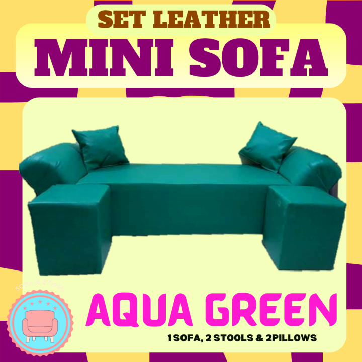 AQUA GREEN PLUSH SOFA MINI LEATHER SOFA 1 SOFA 2 SEATER 2 STOOL AND 2