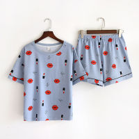 Womens 100 cotton short-sleeved shorts in summer pajamas cartoon summer sports and leisure two-piece suits can be worn out