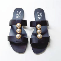 Spanish womens shoes slippers ZA/RAˉ2023 summer new black round head pearl inlaid outerwear casual flat sandals and slippers