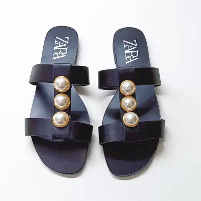 Spanish womens shoes slippers  2023 summer new black round head pearl inlaid outerwear casual flat sandals and slippers