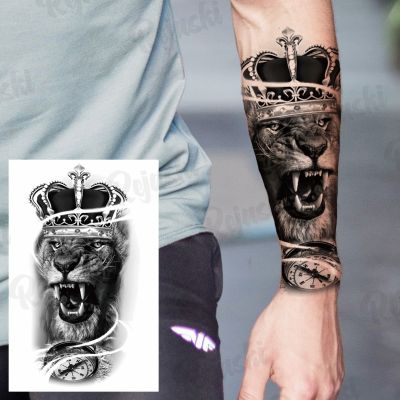 【YF】 Large Crown Lion Temporary Tattoos For Men Adults Realistic Compass War Wolf Cross Forest Fake Tattoo Stickers Arm Back Tatoos