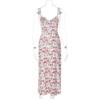 Floral Split Sling Dress Slim-Fit Halter Holiday Style Mid-Length