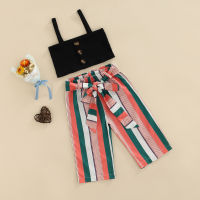 【Forever CY Baby】Toddler Kids Girls 2 Pieces Outfits, Solid Color Buttons Sling Tank Tops + Stripe Wide-Leg Pants Summer Set