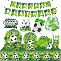 Green Football Theme Birthday Decoration Tableware Kids Party Paper Cups Plates Gift Bag Supplies Soccer Background Home Decor