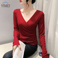 YIMEI เสื้อคอวีไขว้ใหม่2023แขนยาวสไตล์ฤดูใบไม้ร่วงเสื้อยืดผ้าฝ้ายสีแดงของผู้หญิง