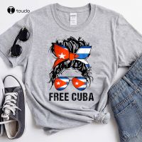 New Messy Hair Bun Free Cuba Flag Sos Cuban Sport Grey T-Shirt Tee Shirt Cotton T Shirt Custom Aldult Teen Unisex Cotton