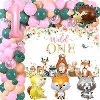 Cheereveal Woodland อุปกรณ์ตกแต่งงานวันเกิด1สำหรับเด็กผู้หญิงลูกวัวป่าหนึ่งลูกโป่งพวงมาลัยชุดโค้งกับฉากหลังสีชมพูสำหรับสัตว์ป่าป่าไม้อุปกรณ์ปาร์ตี้แรก