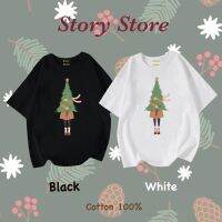 【HOT】เสื้อยืด คริสต์มาส ลายผู้หญิงอุ้มต้นคริสต์มาสเสื้อยืด ใส่สบายๆ100%cotton