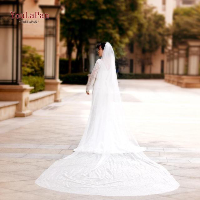 YouLaPan V05 Bridal Veil with Comb Ivory White Wedding Veil Pearls Veil 1  Tier Wedding Veil for Women Cathedral Bridal Veil