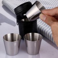 【YF】๑  4Pcs/Set Cup Camping Mug Wine Beer Whiskey Hip Flask Outdoor Hiking Bar Drinkware With Leather