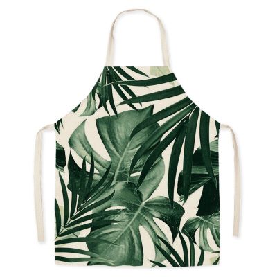 Green Leaves Pattern Kitchen Apron for Woman Leaves Sleeveless Cotton Linen Aprons Cooking Flowers Home Cleaning Tools