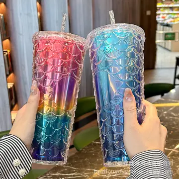electroplated gradient color 350ml 12oz glitter plastic mermaid tumbler cup  merman tumbler cup fishtail fish tail tumbler cup