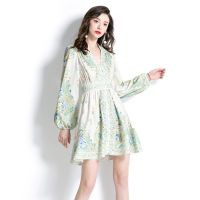 Women Dress Spot Real  Elegant Long Sleeve  Vintage Printed Midi Dress