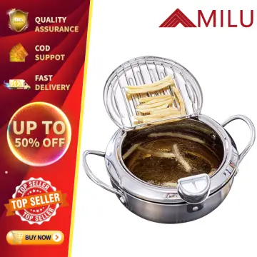 Japanese Style Stainless Steel Deep Fryer Pot With Thermometer & Oil D