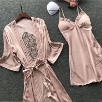 【LZ】❆  Camisola de cetim renda feminina conjunto de pijamas íntimas rosa sexy com novo robe noivas vestido de casamento de dama de honra 2 peças M to XL