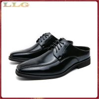 ﹉♞۞ Half Slippers Mens Shoes Leather Black Flat Loafers Half-Drag Trendy Lazy Peas Half-Support Heelless S