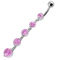 Pink Jeweled Fancy Silver Dangling Curved Bar Navel Ring จิวเจาะหน้าท้องแฟชั่น จิวสะดือเครื่องประดับบนร่างกาย สำหรับผู้หญิงแฟชั่นวัยรุ่นในยุคใหม่ หรูหรา