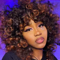 Short Hair Afro kinky Curly Wigs With Bangs For Black Women Fluffy Synthetic Ombre Glueless Cosplay  Mixed Brown Blonde Wigs Wig  Hair Extensions Pads