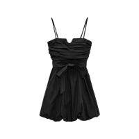 2022Zara ใหม่2143061800ชุดกระโปรงสีดำผูกโบว์สำหรับเด็กผู้หญิงพร้อมสายรัดไหล่2143061 800