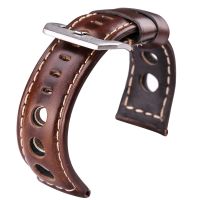 Gelang Jam Kulit Sapi Lilin Minyak 22Mm 24Mm Cokelat Tua Mode Pria Wanita Kulit Asli Tali Jam Tangan Sabuk dengan Pin Gesper