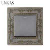 【DT】hot！ UNKAS 1 Gang Way / 2 Wall Embossing Panel Zinc Alloy Luxury Pass Through Gray