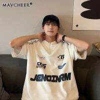 MAYCHEER   ชุดบอลสัมผัสระดับพรีเมี่ยมของผู้ชายแขนสั้นชุดวินเทจแบบมีซิปครึ่งตัวเสื้อยืดลายจักรยานยนต์