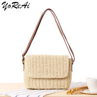 YoReAi Handmade Straw Shoulder Bags Summer Womens Woven Rattan Bag Vintage Beach Cross Body Package Cover Type Handbag With